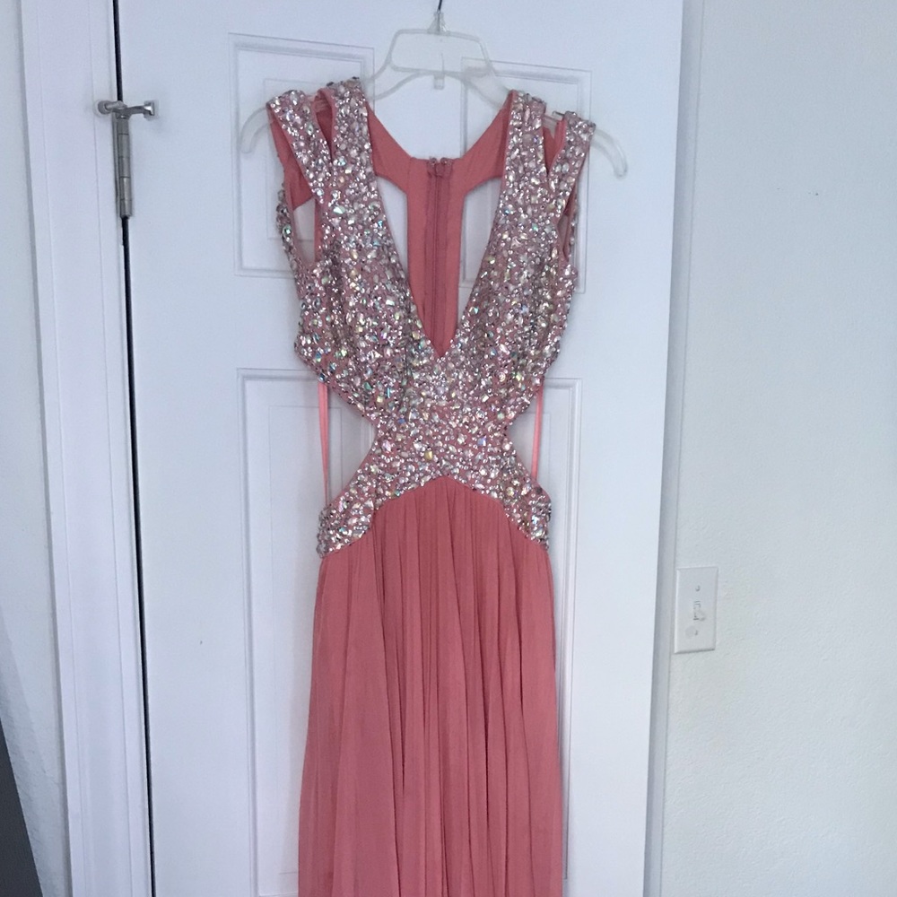 Betsy and Adam salmon-pink cut out prom dress